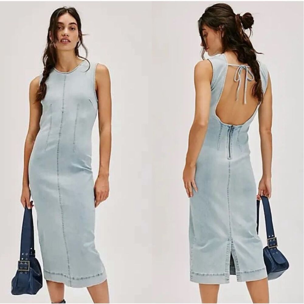 Free people tell me about it midi dress open back soft denim boho 90s size 8 new